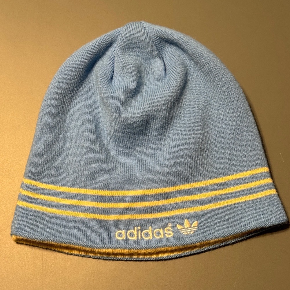 Adidas Originals Reversible Beanie Blue Yellow Striped Trefoil Logo Hat OSFA